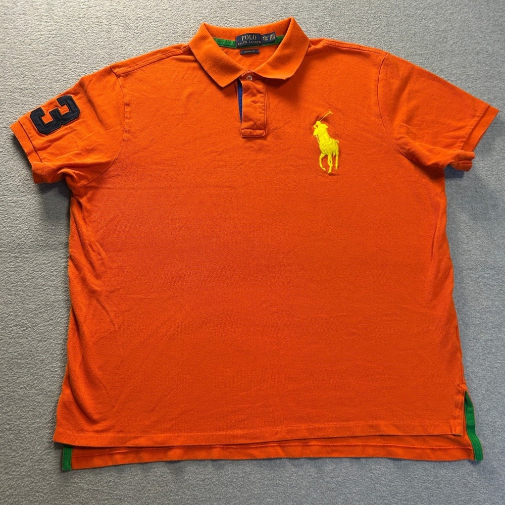 Polo Ralph Lauren Polo Shirt Mens XXL Orange Big Pony #3 Custom Fit Shirt Sleeve